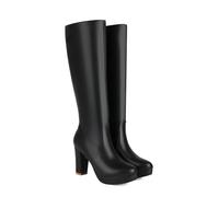 KUHAOFEU Femmes Talon Épais Genou Bottes Hautes Côté en Cuir PU Fermeture Éclair Bottes,Noir,41 EU