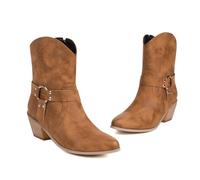 KUHAOFEU Fermeture Eclair Botte de Cowgirl pour Femmes Rivets Bottines occidentales Bottes Courtes à Enfiler,Marron,42 EU