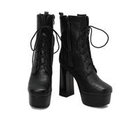 KUHAOFEU Mode Bottine Femmes Court Hiver Plate-Forme Botte avec Bloc Talon Haut,Noir,36 EU