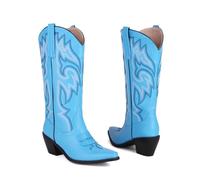 KUHAOFEU Moto Brodée Bottes Western pour Femmes Talon Carre Cowgril Bottes Blanches Hautes Genou,Bleu,43 EU