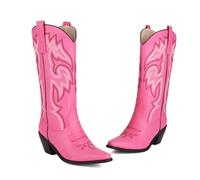 KUHAOFEU Moto Brodée Bottes Western pour Femmes Talon Carre Cowgril Bottes Blanches Hautes Genou,Rose,45 EU