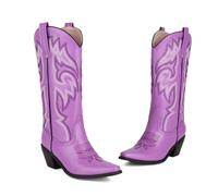 KUHAOFEU Moto Brodée Bottes Western pour Femmes Talon Carre Cowgril Bottes Blanches Hautes Genou,Violet,47 EU