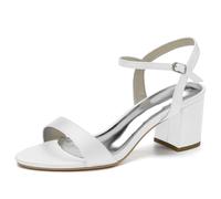 KUHAOFEU Sandales À Talon Bloc pour Femmes Talons Hauts Élégants À Lanières De Cheville Escarpins en Satiné À Bout Ouvert pour Mariage Soirée,Blanc,42 EU