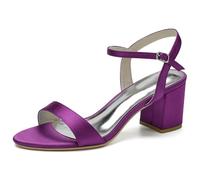 KUHAOFEU Sandales À Talon Bloc pour Femmes Talons Hauts Élégants À Lanières De Cheville Escarpins en Satiné À Bout Ouvert pour Mariage Soirée,Violet,40 EU