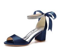 KUHAOFEU Sandales À Talons À Lacets pour Femmes Bout Ouvert Escarpins De Mariage Bas Talon Épais Strass Chaussures De Mariée,Dark Blue,42 EU