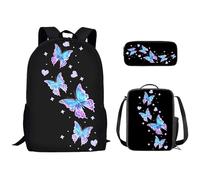 Kuiaobaty Ensemble cartable 3 en 1 pour filles et garçons avec sac à déjeuner et trousse à crayons pour collège, Cœurs et papillons