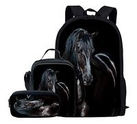Kuiaobaty Ensemble cartable 3 en 1 pour filles et garçons avec sac à déjeuner et trousse à crayons pour collège, Cheval noir., Taille unique, Moderne