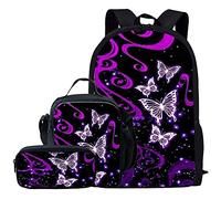 Kuiaobaty Ensemble cartable 3 en 1 pour filles et garçons avec sac à déjeuner et trousse à crayons pour collège, Papillon violet, Taille unique, Moderne