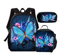 Kuiaobaty Ensemble cartable 3 en 1 pour filles et garçons avec sac à déjeuner et trousse à crayons pour collège, papillon, Taille unique, Moderne