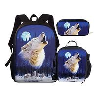Kuiaobaty Ensemble cartable 3 en 1 pour filles et garçons avec sac à déjeuner et trousse à crayons pour collège, Blue Wolf., Taille unique, Sac à dos daypack