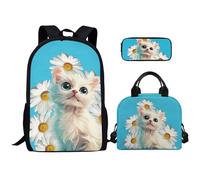 Kuiaobaty Ensemble cartable avec sac à déjeuner, trousse à crayons, sac à dos motif animal de dessin animé, sac à dos papillon pour adolescents, Chat blanc mignon