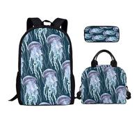 Kuiaobaty Ensemble cartable avec sac à déjeuner, trousse à crayons, sac à dos motif animal de dessin animé, sac à dos papillon pour adolescents, Méduse bleu marine
