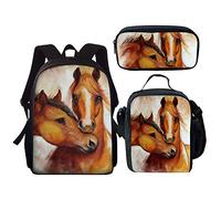Kuiaobaty Ensemble de cartables 3 en 1 pour filles et garçons avec sac à déjeuner, trousse pour l'école secondaire, Cheval Marron, Taille unique, Moderne