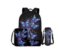 Kuiaobaty Ensemble de sacs à dos à motif floral pour adolescent, loup, paresseux, sac à dos, sac à déjeuner, trousse à crayons, porte-bouteille, Papillon étoilé.