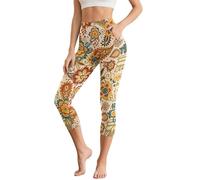 Kuiaobaty Pantacourt 3/4 pour femme - Legging de course à pied pour femme - Motif livres - Pantalon capri taille haute, Folk Floral Mandala Jaune, L