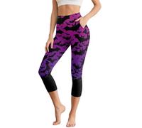 Kuiaobaty Pantacourt 3/4 pour femme - Legging de course à pied pour femme - Motif livres - Pantalon capri taille haute, Chauve-souris d'Halloween violette, XL