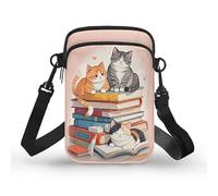 Kuiaobaty Sac à bandoulière pour téléphone portable avec fermeture éclair sur le thème des livres, Cartoon Books Cat, Taille Unique