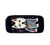 Kuiaobaty Trousse à crayons blanche avec motif chien Westie pour fille avec imprimé dessin de chiot et étoiles, trousse de rangement pour fournitures scolaires