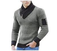 kuiazelit Pull élégant en tricot côtelé à col roulé pour homme - Manches longues - Coupe ajustée - Pull décontracté en tricot torsadé - Col châle - Pull d'hiver chaud en tricot torsadé, gris, XL