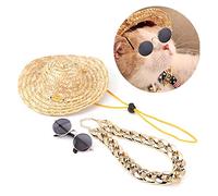 KUIDAMOS Ensemble de Lunettes de Soleil Rétro pour Animaux de Compagnie, Accessoire de Photographie de Chat Léger pour Un Look Intéressant, Collier de Chapeau de Paille Réglable adapté au Chat (3