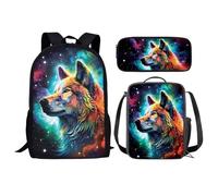 KUIFORTI Ensemble sac à dos 3 en 1 pour enfants, cartable, sac à déjeuner, trousse à crayons, cadeau pour adolescents, garçons et filles, Loup animal galaxie, Taille unique, Sac à dos d'école