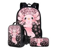 KUIFORTI Ensemble sac à dos 3 en 1 pour enfants, cartable, sac à déjeuner, trousse à crayons, cadeau pour adolescents, garçons et filles, Axolotl mignon rose, Taille unique, Sac à dos d'école