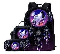 KUIFORTI Ensemble sac à dos 3 en 1 pour enfants, cartable, sac à déjeuner, trousse à crayons, cadeau pour adolescents, garçons et filles, Attrape-rêves imprimé loup, Taille unique, Sac à dos d'école