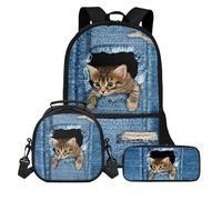 KUIFORTI Sac à dos d'école 3 en 1 pour garçons et filles avec sacs à déjeuner et boîte à crayons pour l'école maternelle primaire décontracté, Chat en denim drôle, Taille unique, Sac à dos d'école