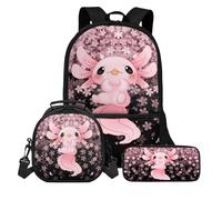KUIFORTI Sac à dos d'école 3 en 1 pour garçons et filles avec sacs à déjeuner et boîte à crayons pour l'école maternelle primaire décontracté, Axolotl Cerise, Taille unique, Sac à dos d'école