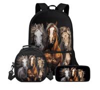 KUIFORTI Sac à dos d'école 3 en 1 pour garçons et filles avec sacs à déjeuner et boîte à crayons pour l'école maternelle primaire décontracté, Cheval marron, Taille unique, Sac à dos d'école