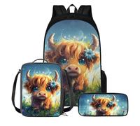 KUIFORTI Sac à dos pour enfants avec boîte à déjeuner et trousse à crayons pour garçons de 7 à 12 livres grand sac à dos pour l'école, Imprimé vache Kawai, Taille unique, Sac à dos d'école