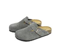 Kuisoe Sabots en liège avec suspension souple - Sangle en cuir réglable - Semelle orthopédique et semelle antidérapante - Chaussons confortables pour homme et femme, daim gris foncé, 45 EU