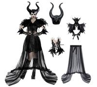 KUJAIS Hallowen Déguisement Maléfique Femme: Costume Reine Maléfique Accessoire pour Adulte - Corne Diable Cape de Plume Gant et Jupe Tulle Plissée pour Carnaval Cosplay Fête