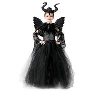 KUJAIS Maléfique Deguisement Halloween Fille: Maleficent Costume Enfant - Méchante Reine Robe avec Corne Et Ailes Noires Cape Ensemble pour Halloween Carnaval Cosplay Tenue De Fête (S (95-105cm))