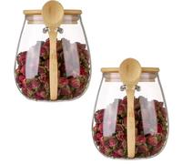 Kujinova Lot de 2 bocaux de conservation en verre avec couvercles et cuillères - 600 ml - Avec couvercle en bois - Pour thé, café et sucre - Avec couvercle hermétique - Pour pots à épices