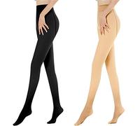 Kukeyiee Collants pour Femmes Faux Collant Translucide Collant Opaque Collant Chaud Hiver Doublé Collant Etiré en Polaire Thermique Collant Leggings Taille Haute(90g,2pc Noir+Couleur de Peau Opaque)