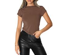 Kukeyiee Femmes Basique Slim Fit T-Shirt Top À Manches Courtes Y2K Tops TikTok Influence Crop Top Club Party Streetwear(Brown-1, M)
