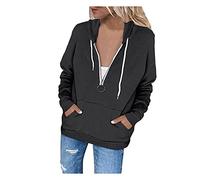 KUKICAT Pullover à Capuche Manche Longue Femme Color Block Hoodie Col Zippé V Loose avec Poche Sweat à Capuche Automne Hiver