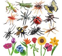 kukifun Lot de 20 figurines de plantes d'insecte - En plastique réaliste - Avec coccinelle, abeille, papillon, fourmi, grille, scorpion, araignée - Pour l'école, projet, anniversaire, gâteau