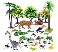 kukifun Lot de 26 animaux de la forêt tropicale réalistes tels que serpent, paresseux, léopard, singe, oiseau, insectes et arbres pour enfants, éducation, anniversaire, décoration et projets scolaires