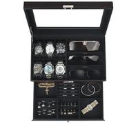 Kukikan Étui pour montre design, étui à bijoux avec couvercle en verre, 6 compartiments, 2 niveaux, boîte à bijoux pour homme et femme avec serrure, support de montre