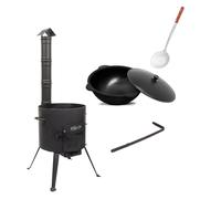 Kukmara Utschak Set de 37 m + 10 litres de fonte Kazan intérieur lisse + écumoire de 47 cm - Cuisine champ, chaudière à goulasch, poêle à feu extérieur pour Kazan Kazan 10 l