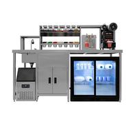 KuKoo Banc De Travail Bubble Tea Boba Comptoir Service Frigo Arrière-Bar Portes Coulissantes Machine à Glaces Scellage Gobelets Évier Acier INOX Robinet Mélangeur Rince-Verres Bac Gastro CHRD HORECA