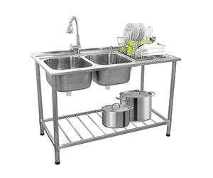 KuKoo - Evier Professionnel/Plonge sur Pied à Doubles Bacs en Acier Inoxydable avec Etagère de Rangement Inférieure et Robinet - Egouttoir à Droite