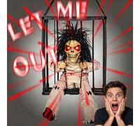 KUKUTrue® Décorations Halloween Animées Criantes à capteur de Mouvement | Automate Halloween Crâne Prisonnier dans une Cage, yeux rouges lumineux et effets sonores, accessoire pour fête d'Halloween