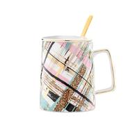 KUKUUU Tasse à café créative en céramique avec couvercles, cuillère, grandes tasses à eau en porcelaine, cadeau (D)