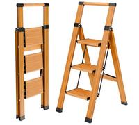 KULACO Escabeau avec Main Courante, 3 Marches Pliables Antidérapantes, en Aluminium jusqu'à 150 kg, Portable au Look Bois Moderne pour la Famille