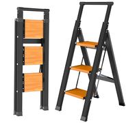 KULACO Escabeau pliable à 3 marches avec main courante extensible, en aluminium, antidérapant et extra large, léger jusqu'à 150 kg, peu encombrant pour la cuisine, la maison, le garage