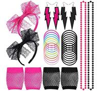 Kulannder Femmes 80s Neon Lace Bracelet Boucles d'oreilles Gants en Résille Collier Bracelet pour Retro Fashion Années 80 Costume De Fête Accessoires Set Dames et Filles