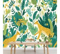 Kuletkear Animal Léopard Papier peint photo grand Plantes Tropicales format autocollant mural imperméable pour chambre d'enfant chambre de fille décoration de fête mariage cadeau 350x245cm
